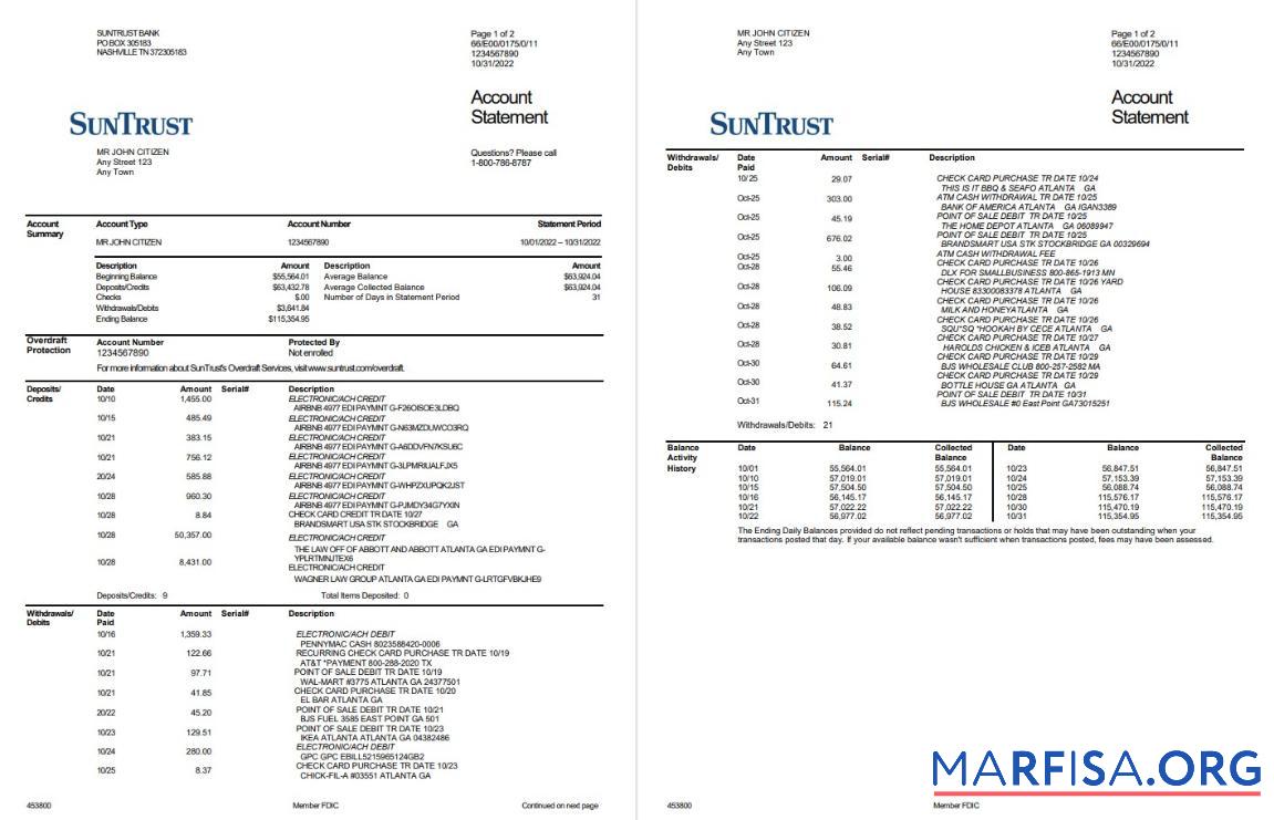 Printable USA SunTrust bank statement 2 pages word template